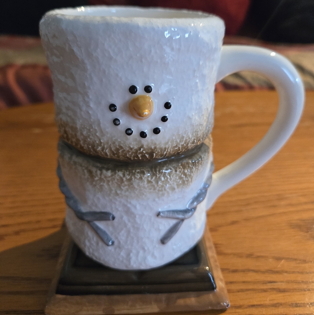Charming Snowman S'more Coffee Or Cocoa Mug with Brown and White Accents